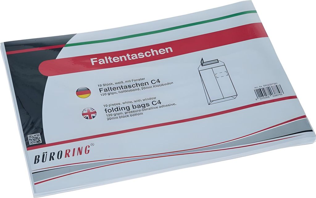 Büroring Faltentasche DIN C4, mit Fenster, haftklebend, 120g/qm, weiß, 20 mm Klotzboden, 10 Stück