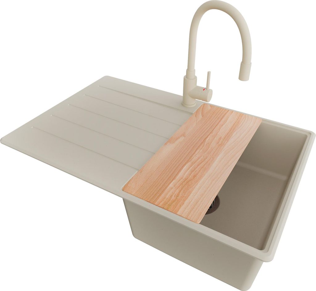 PRIMAGRAN Granitspüle Beige 78x50cm, Spülbecken 1 Becken + Küchenarmatur 38x14cm + Ablauf-Set + Schneidebrett, Küchenspüle ab 45er Unterschran...