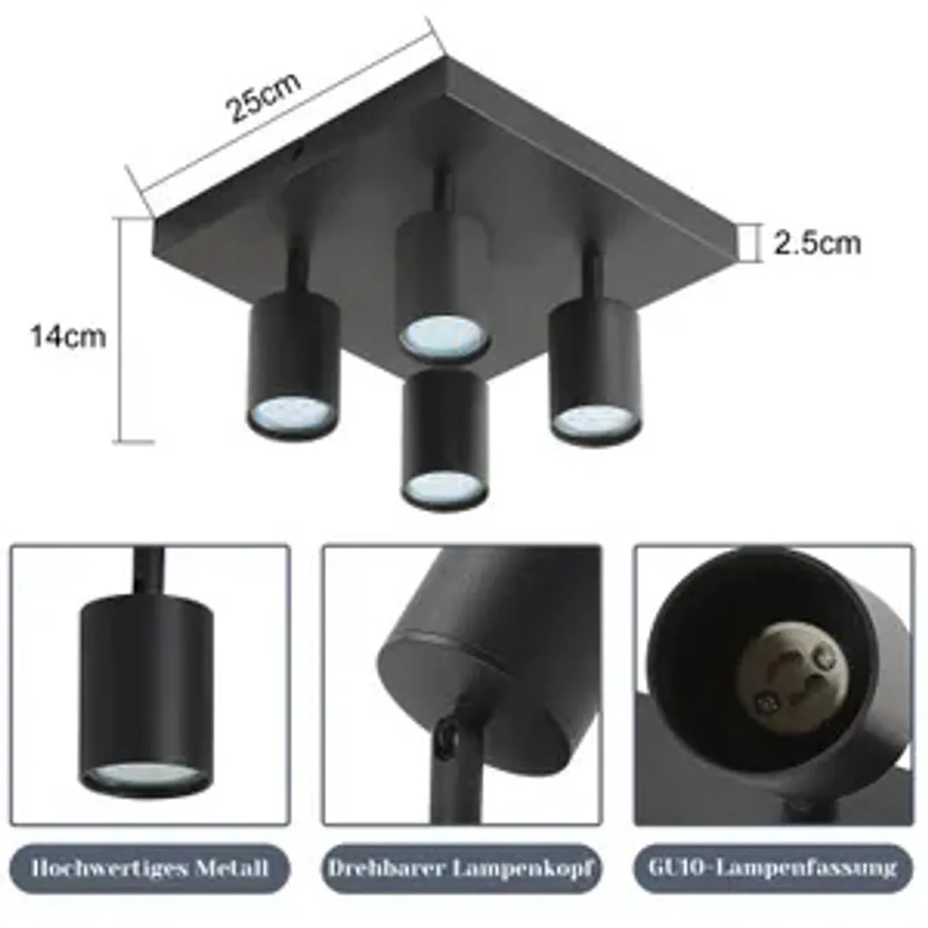 Éclairage Plafonnier pour Cuisine et Salon 4 Spots Noirs Orientables