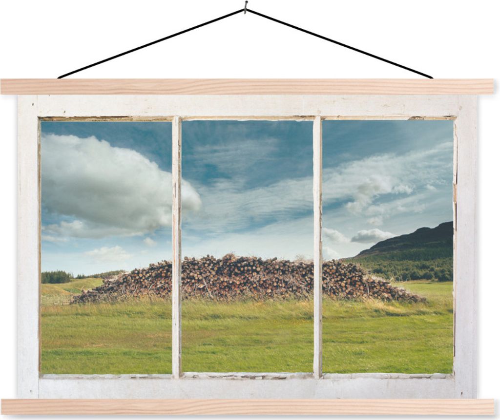 MuchoWow Textilposter Durchblick - Baumstämme - Wolken 60x40 cm mit holzfarbenen Rahmen - Bilder