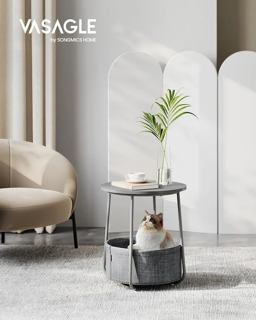 Table d'appoint spacieuse avec panier de rangement, métal et bois 50cm