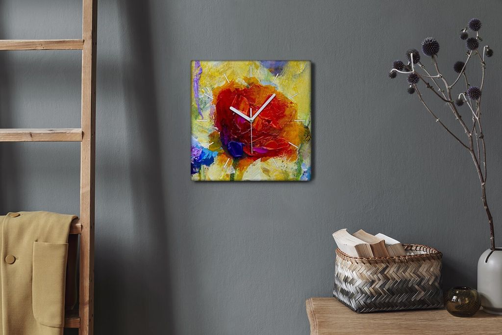 Coloray Hodiny Unikátní 30x30 cm Tiché hodiny Pro obývací pokoj a kuchyň Nástěnné hodiny Plátno Bílé ručičky hodin - malovaná květina