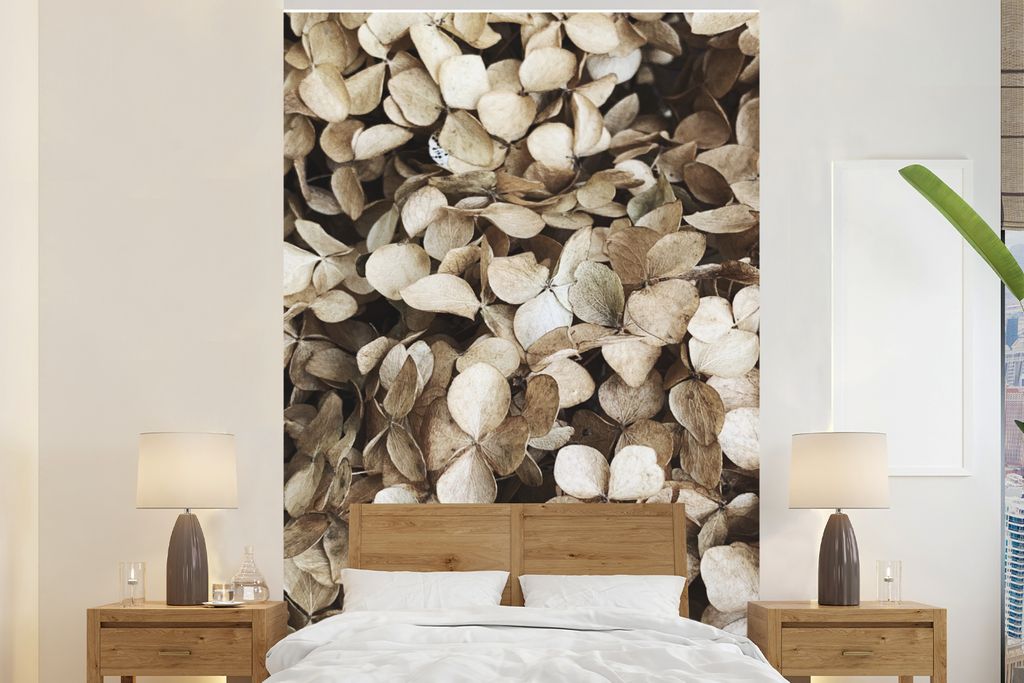MuchoWow Fototapete für Wohnzimmer oder Schlafzimmer Wandtapete Vinyl Motivtapete Blumen - Hortensie - Braun - 195x300 cm - Das Hintergrundbild