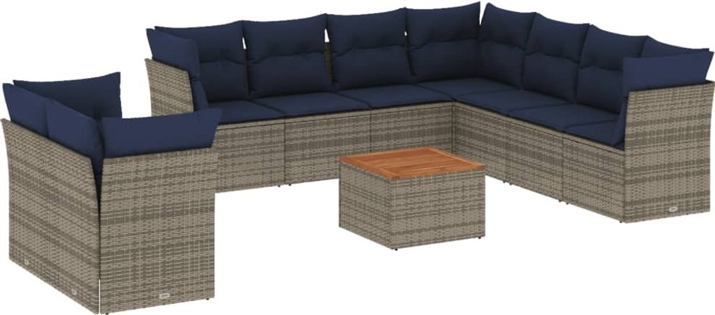 10-tlg. Garten-Sofagarnitur mit Kissen Grau Poly Rattan