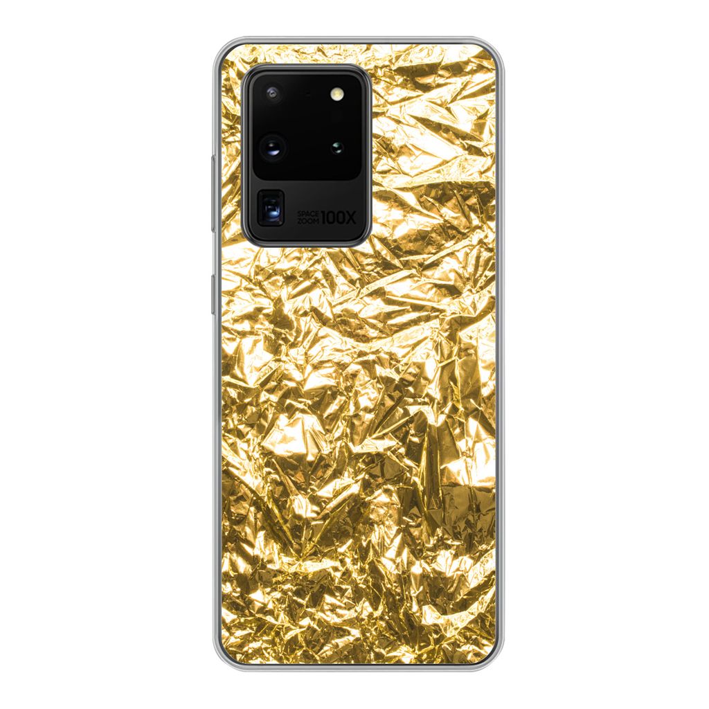 MuchoWow Handyhülle Schutzhülle Hülle für Samsung Galaxy S20 Ultra Goldfolie mit faltiger Textur Silikon Softcase Handy Hülle - Karteninhaber