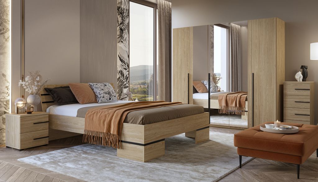 Schlafzimmer-Set OLIVI 1 eiche geölt 5-tlg. Kleiderschrank Nachttische Kommode Bett