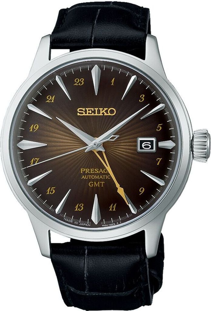 A close-up studio shot of a men's wristwatch with a brown dial and a black leather strap.