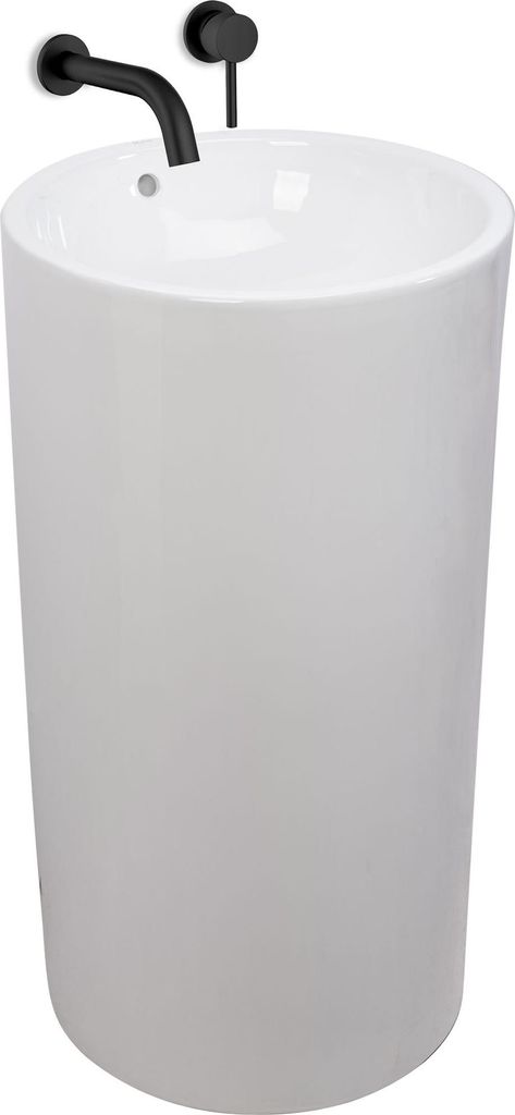 A white pedestal sink with a black faucet.
