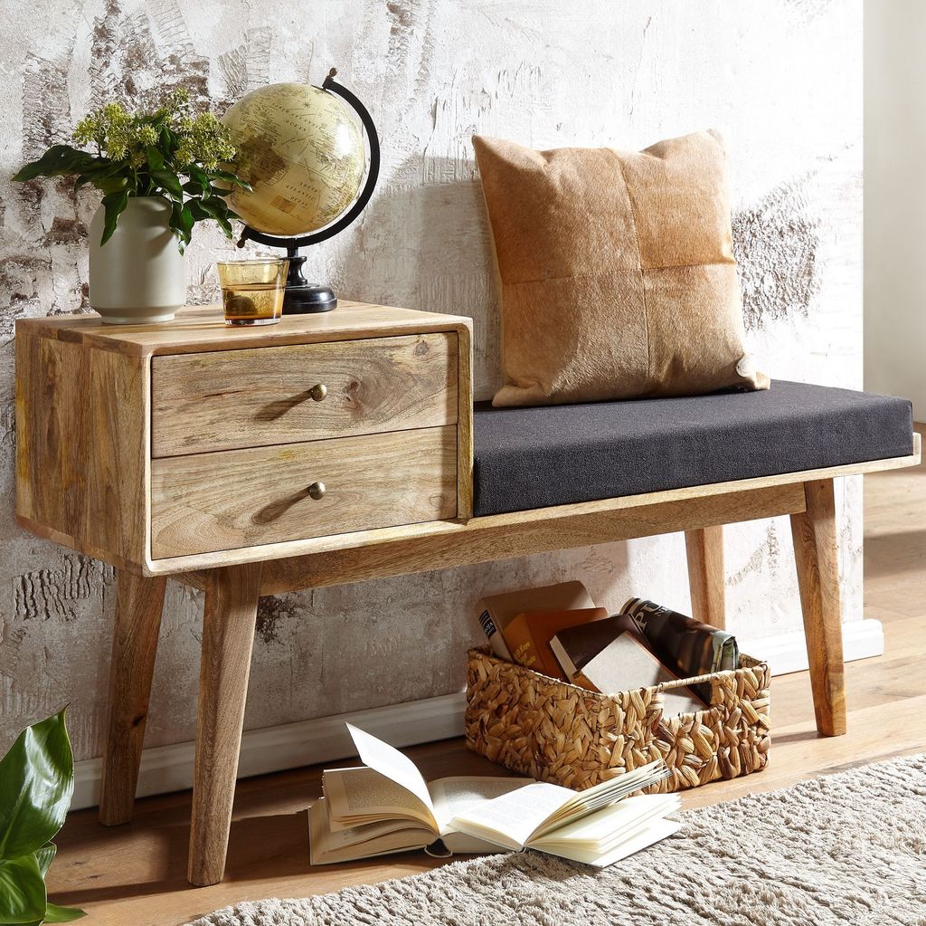 FineBuy Sitzbank Stoff / Massivholz Bank 120x65x40 cm im Retro Stil Flur Polsterbank mit Stauraum Gepolsterte Stoffbank Aufbewahrung Schwarz Kleine