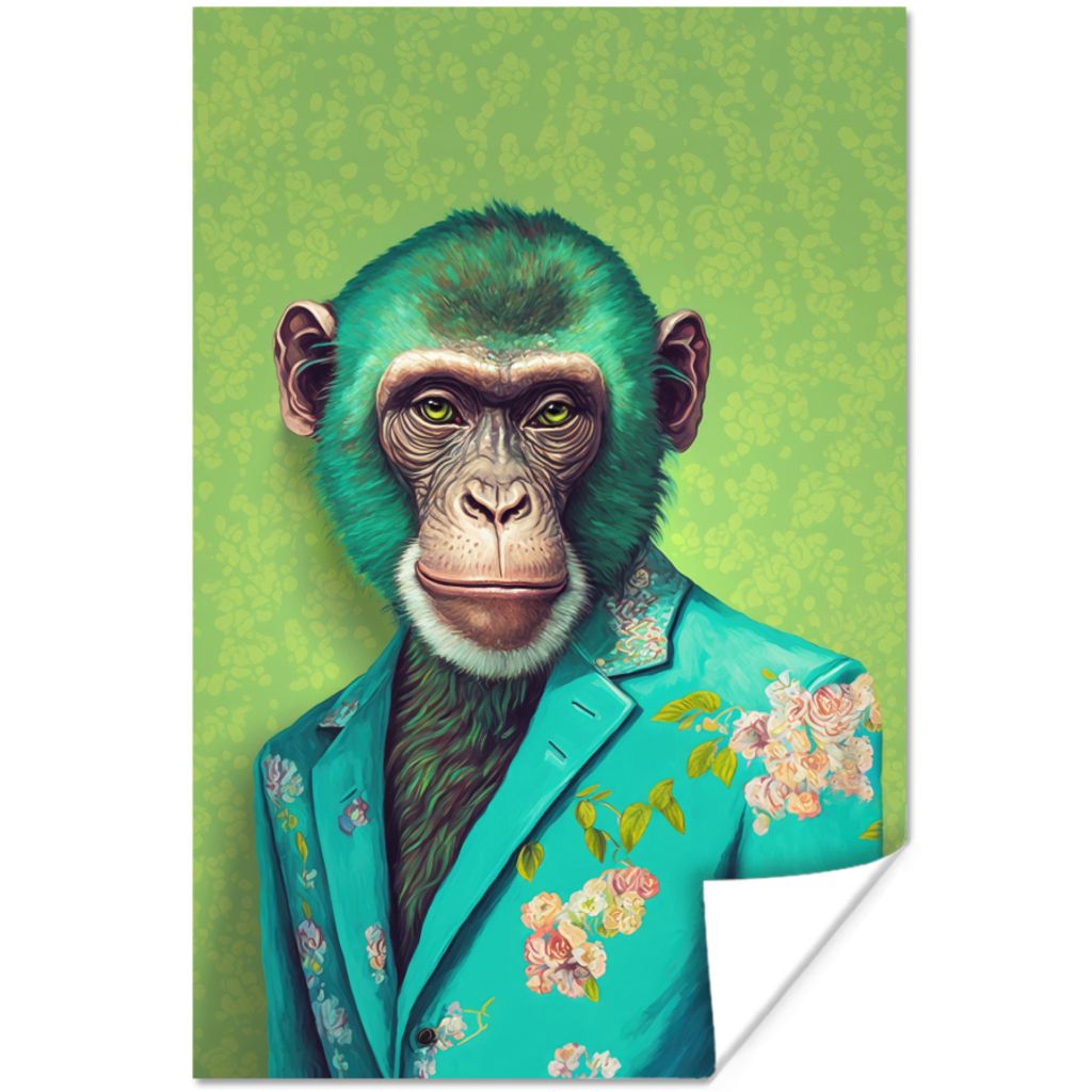 MuchoWow Poster Affe - Colbert - Blumen - Neon - Porträt 120x180 cm - Kunstposter
