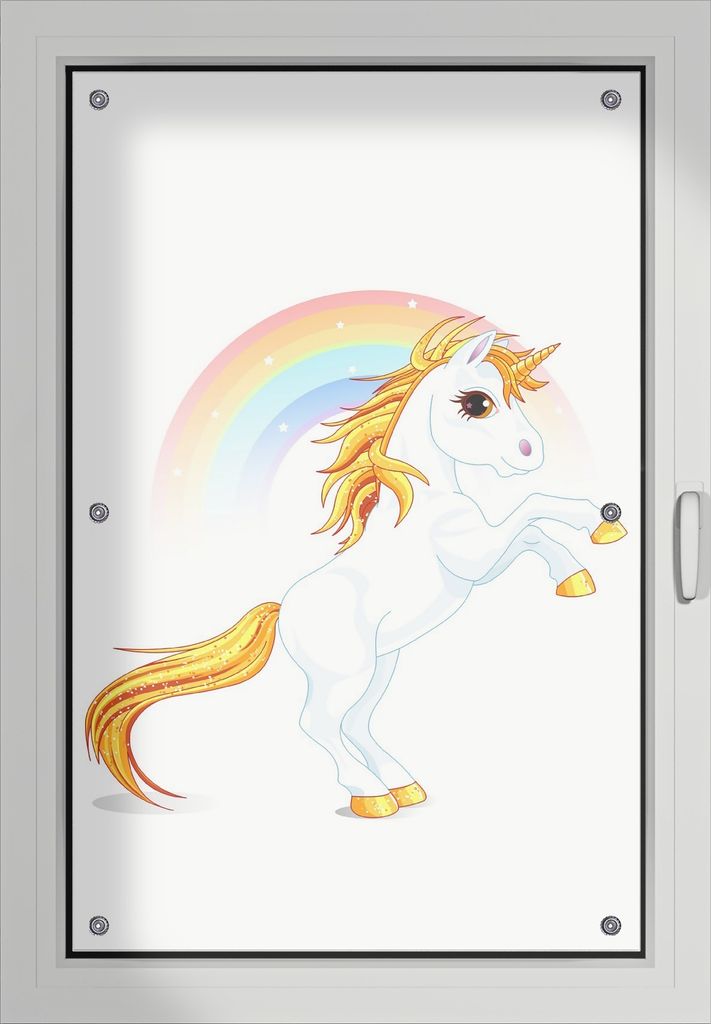 Wallario Lichtschutzbild, Dekorativer Sichtschutz Sonnenschutz 60 x 93 cm mit Motiv: Weißes Einhorn vor einem Regenbogen - Verdunklung ohne Bohren