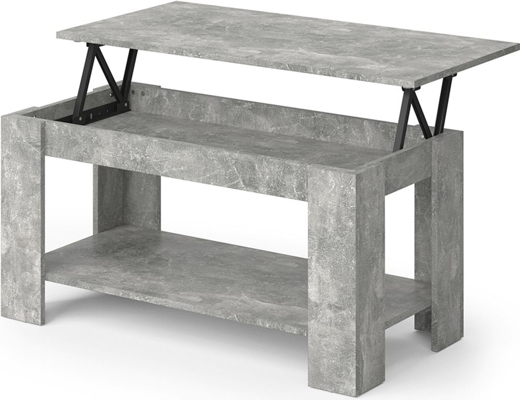 A lift-top coffee table with a concrete finish and a lower shelf.