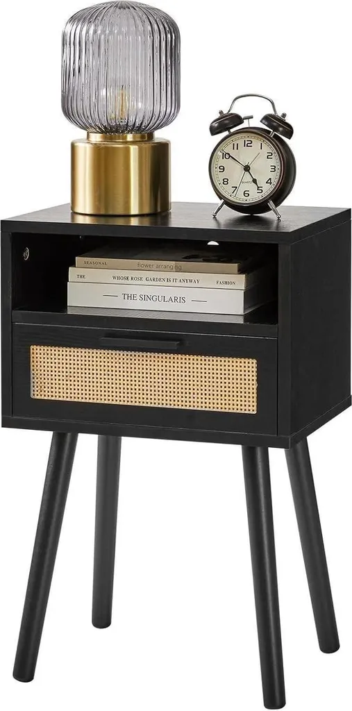 Table de nuit compacte rotin noir pour chambre moderne avec tiroir