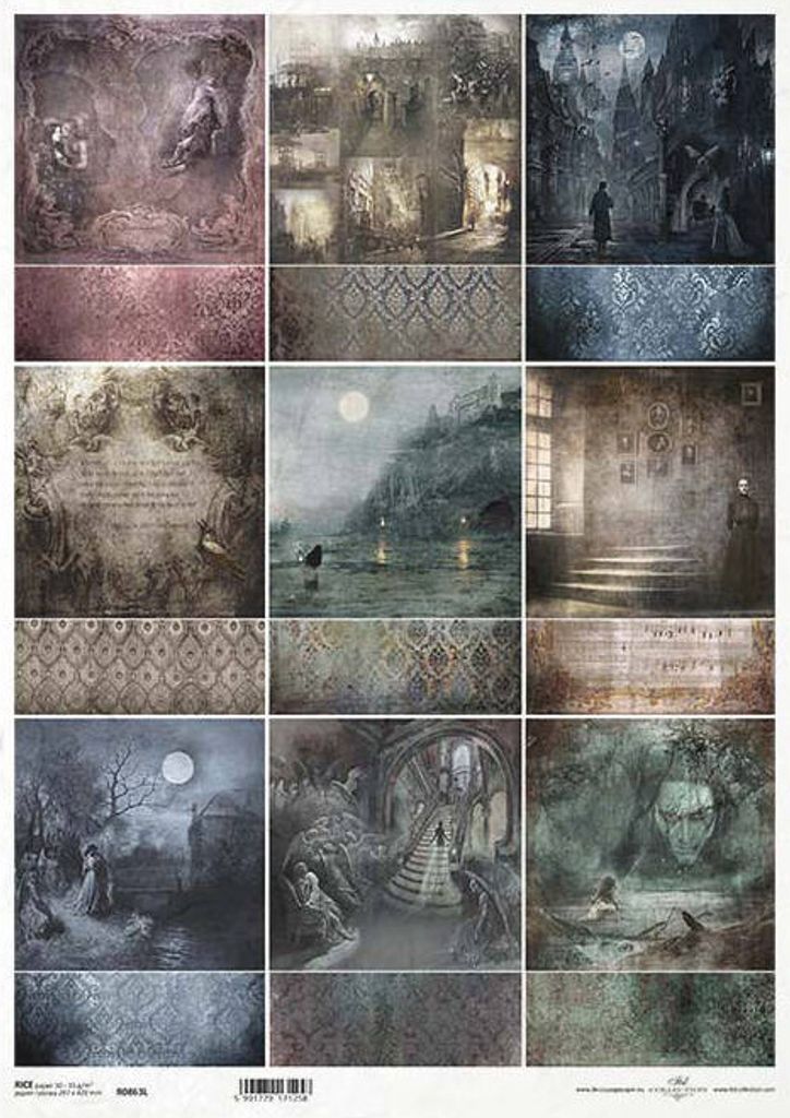 ITD Reispapier Decoupage Bastelpapier, A3 863L blaues Schloss, Friedhof, Raben, Gespenster