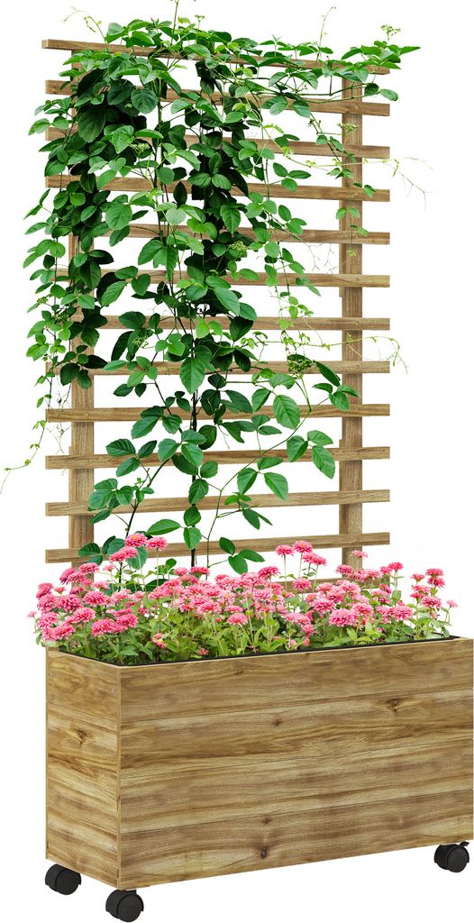 Outsunny Hochbeet Pflanzkasten mit Rankgitter, Rolle, Spalier Pflanzkübel Blumenkasten Holz, Gartenspalier 76x30x155cm für Garten Balkon Terrasse...