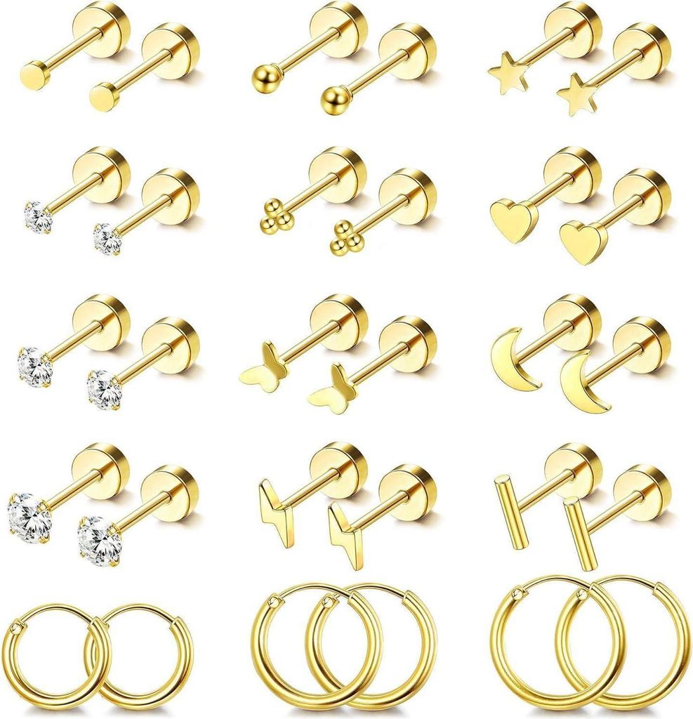 Creole set orecchio oro borchie 15 coppie piercing Immagine del prodotto 