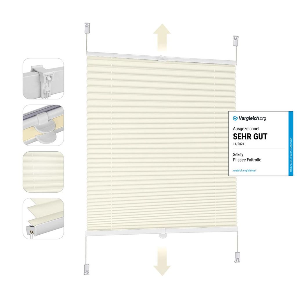 A beige pleated blind (Plissee) shown from the front with close-up insets on the left showing mounting hardware and fabric detail. A review badge is present on the right.