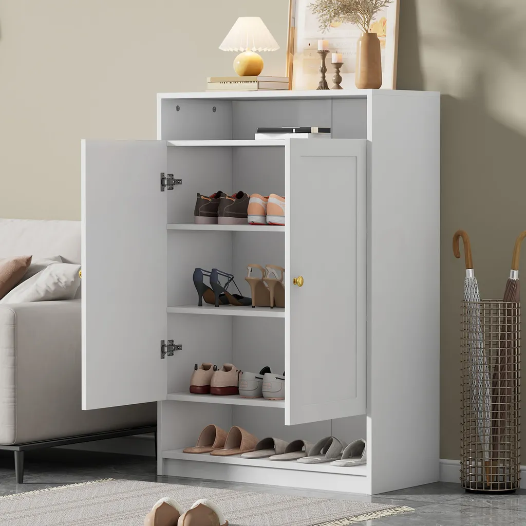 Armoire de rangement entrée pour chaussures, blanc et poignées d'or