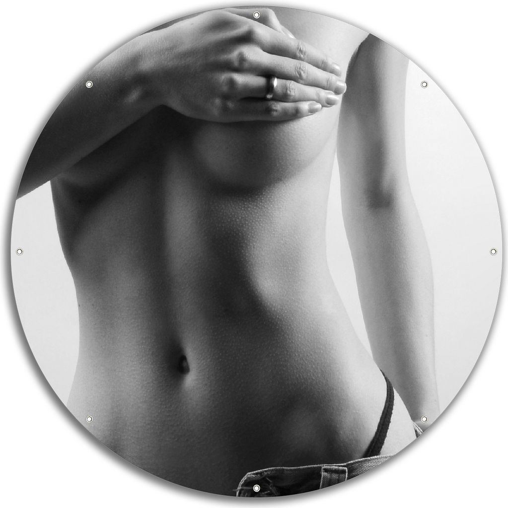 Wallario rundes Outdoor-Poster für Garten oder Balkon, Motiv Halbnackte Frau mit Jeans, 60 cm Durchmesser