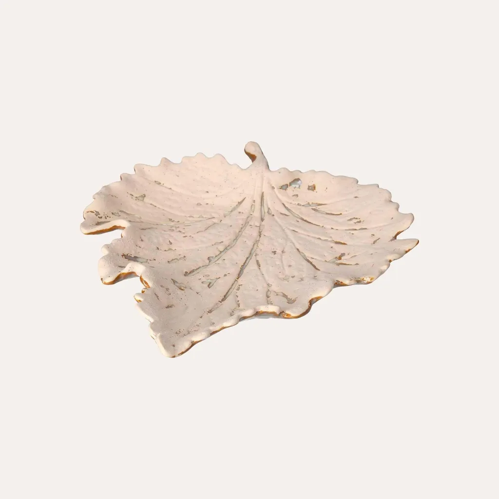 Plat de Décoration en Céramique Beige - Coupe Feuille pour Table Basse