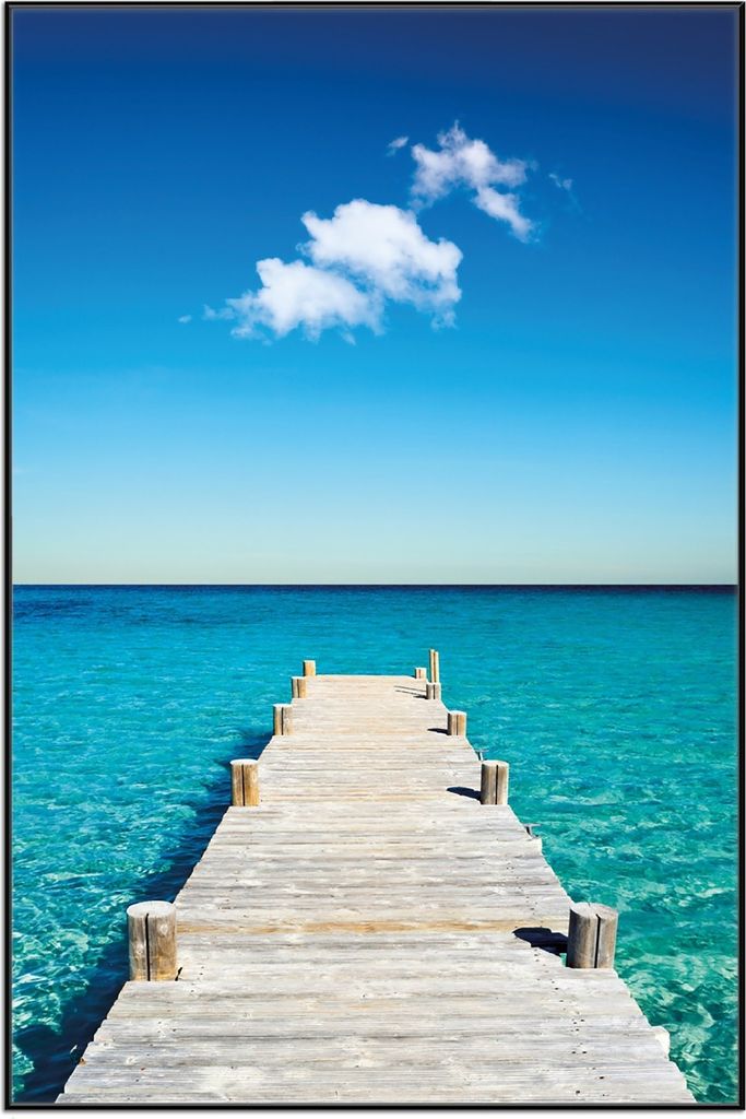 Wallario Wandbild Steg am tropischen Meer, Größe: 61 x 91,50 cm, Poster mit schwarzem Aluminiumrahmen