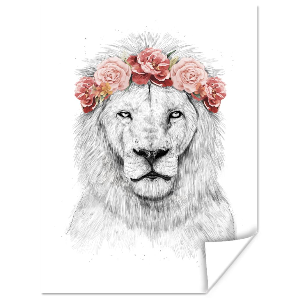 MuchoWow Poster Löwen - Blumen - Weiß - Tiere 90x120 cm - Wohnzimmer