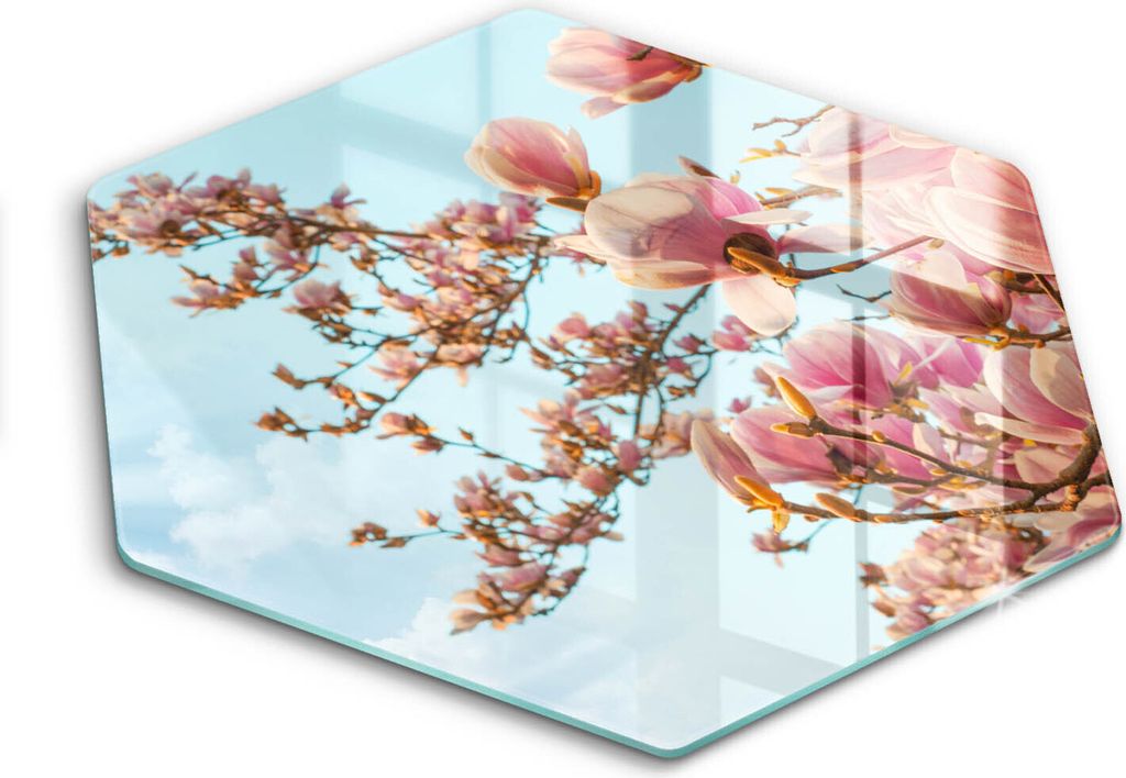 Glasschneideplatte - Herdabdeckplatte - Hexagon 40 cm -Schneidebrett - Spritzschutz - Rosa Blumenbaum