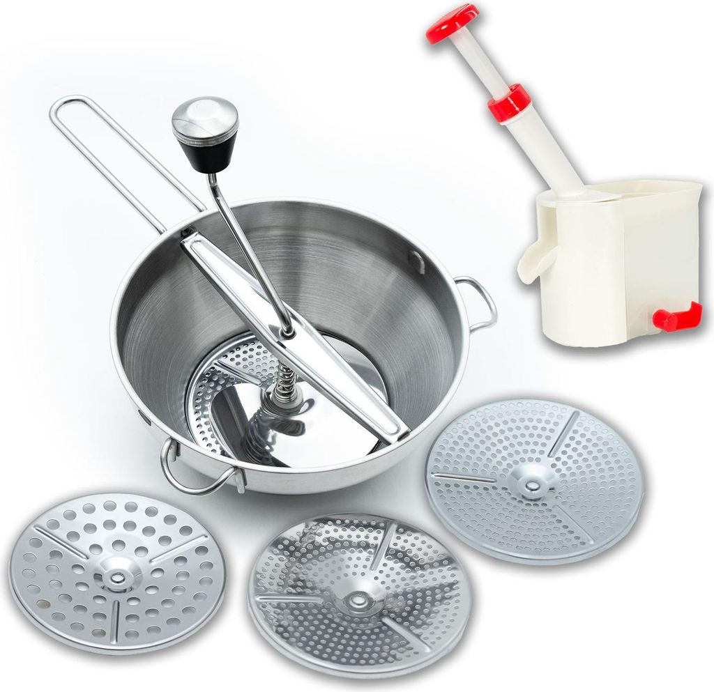 Intirilife Einmach Set: Edelstahl Passiergerät mit 3 Siebeinlagen & Kirschentkerner - Perfekt für Obst, Gemüse, Babybrei & Marmelade zum passier...