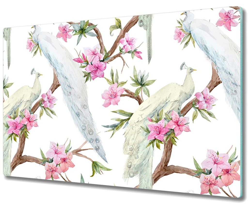 Glas Schneidebrett Herdabdeckplatten Schneideplatten - 80x52 cm - Weiße Pfauen