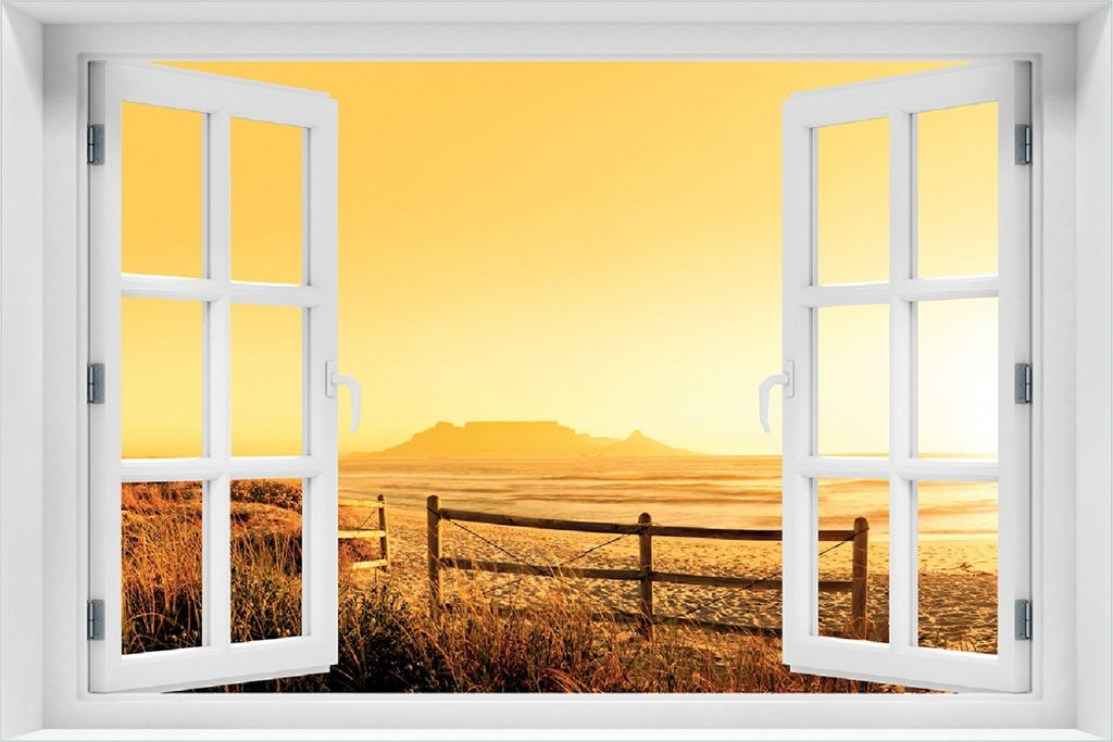 Wallario Poster mit Fenster-Illusion: Strand in Südafrika I - Himmel in orange, Größe: 100 x 150 cm