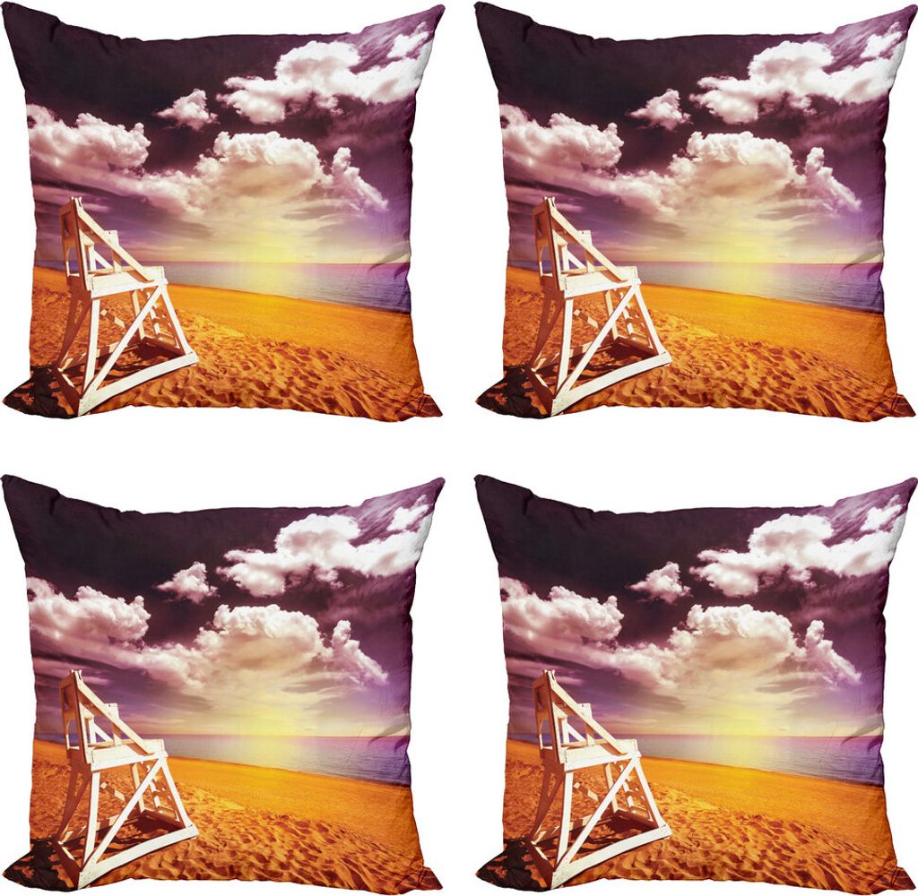 ABAKUHAUS Massachusetts Kissenbezug Set (4 Stück), Lone Stuhl am Strand, Moderner Doppelseitiger Digitaldruck, 50 cm x 50 cm, Orange Multicolor