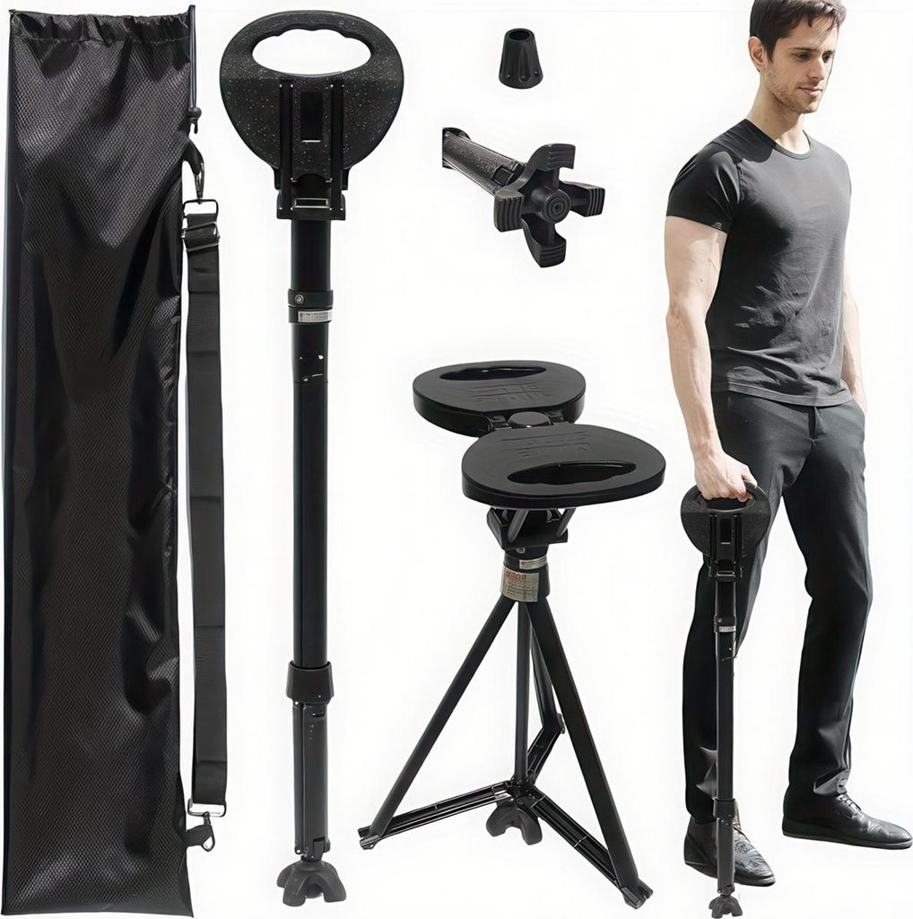 Gehstock mit Sitz, Höhenverstellbar 87–95 cm, Faltbarer Sitzstock, Belastbar bis 250 kg, Leicht und Stabil, Ideal für Reisen und Outdoor