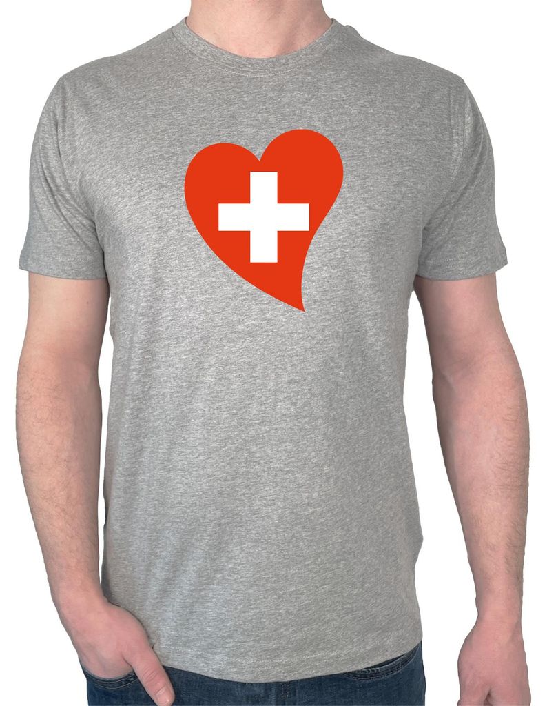 Huuraa Herren T-Shirt Schweiz Flagge Herz XXL Sport Grey Bio Baumwolle Fairtrade Herrenshirt Geschenkidee