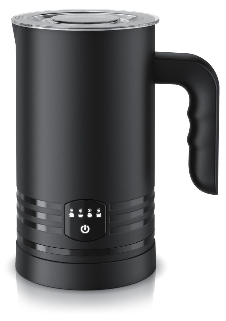 A studio shot of a black milk frother on a white background.