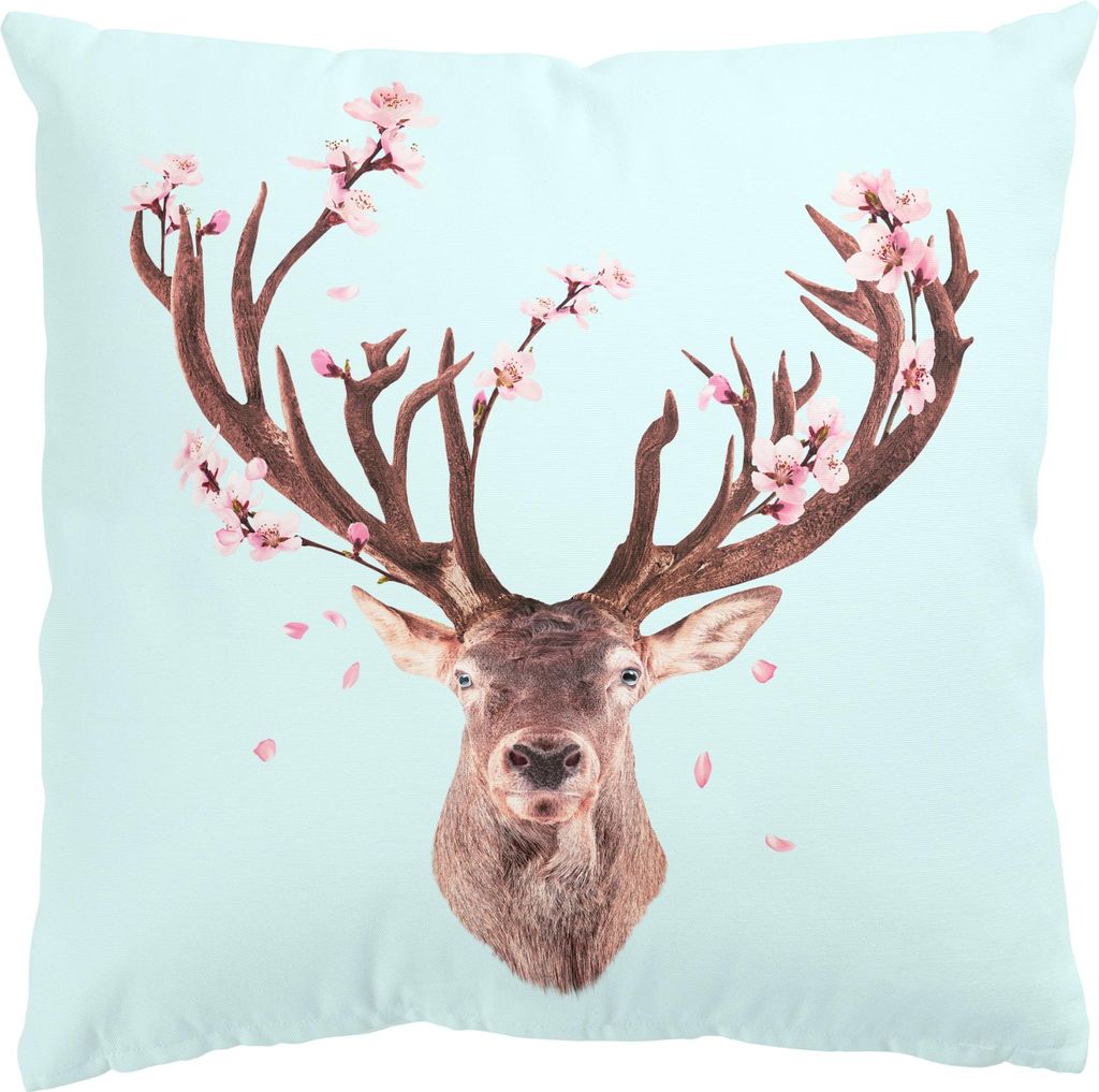 Dekokissen Blumen draußen / Outdoor Zierkissen waschbar Kirschblüte türkis Motiv Sofakissen mit Füllung