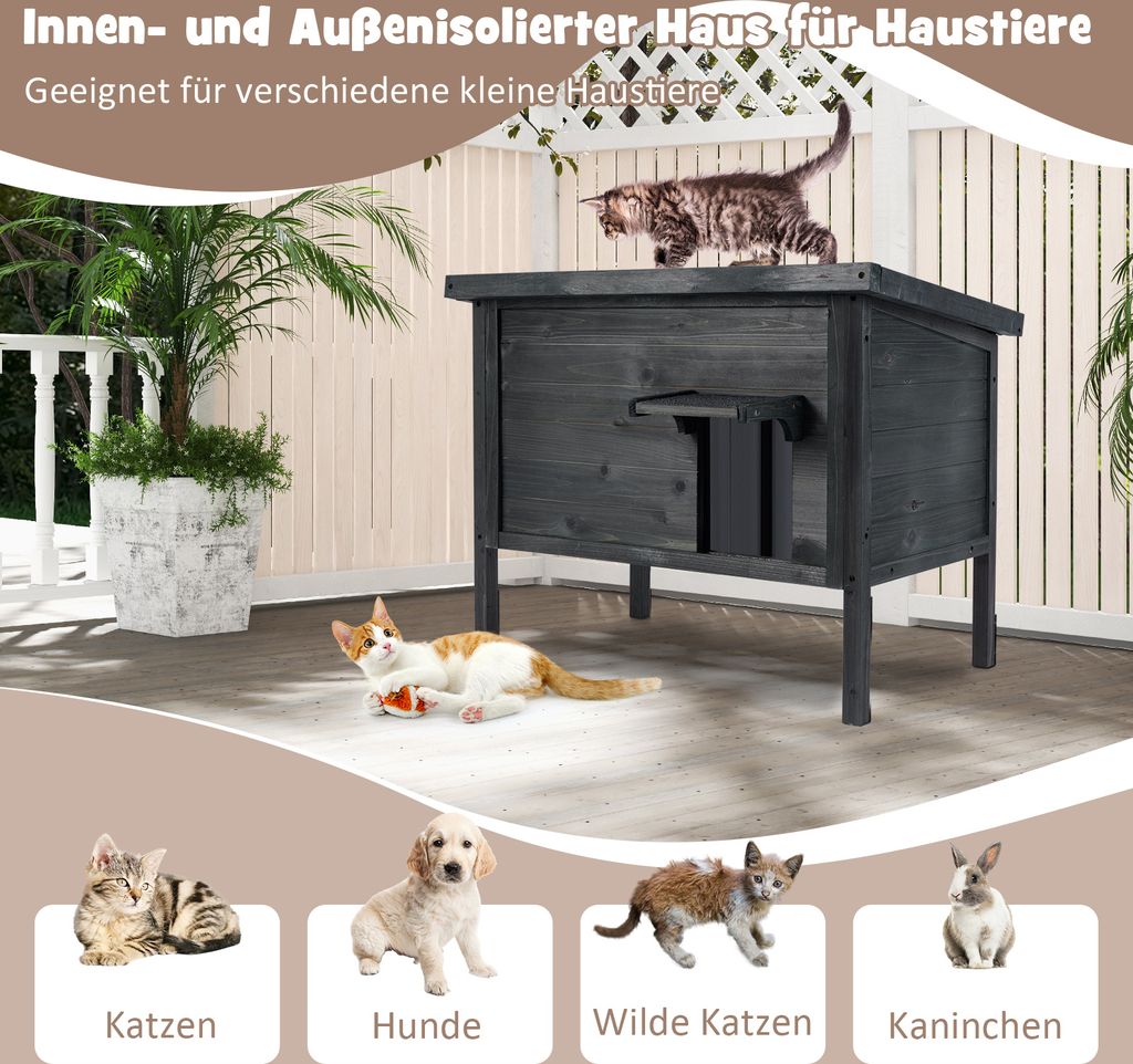 COSTWAY Katzenhaus Outdoor - Isolierte Winterhütte Für Katzen