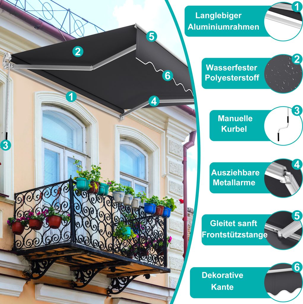 UISEBRT 250 X 200 cm markýza se sklopným ramenem hliníková Obrázek produktu 17