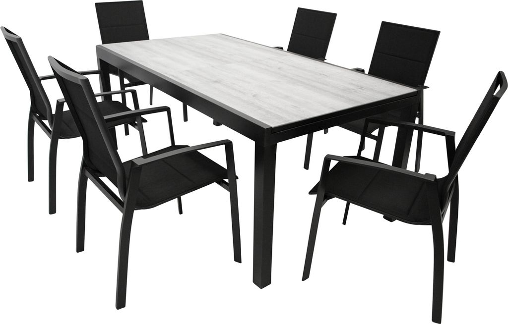 DEGAMO Gartenset Sitzgruppe Gartengarnitur FARO 7-teilig (6x Stapelsessel, 1x Ausziehtisch), Aluminium anthrazit + Kunstgewebe schwarz