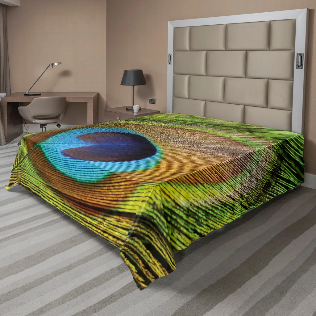 ABAKUHAUS Lenzuolo Peacock, piuma di pavone, primo piano degli occhi, immagine, fauna esotica, morbido e confortevole lenzuolo superiore per un letto decorativo, 1 pezzo, 244 cm x 205 cm, verde acqua senape