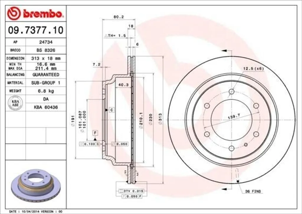 Disque de frein arrière Brembo compatible Frontera B (U99) série 09.7377.10