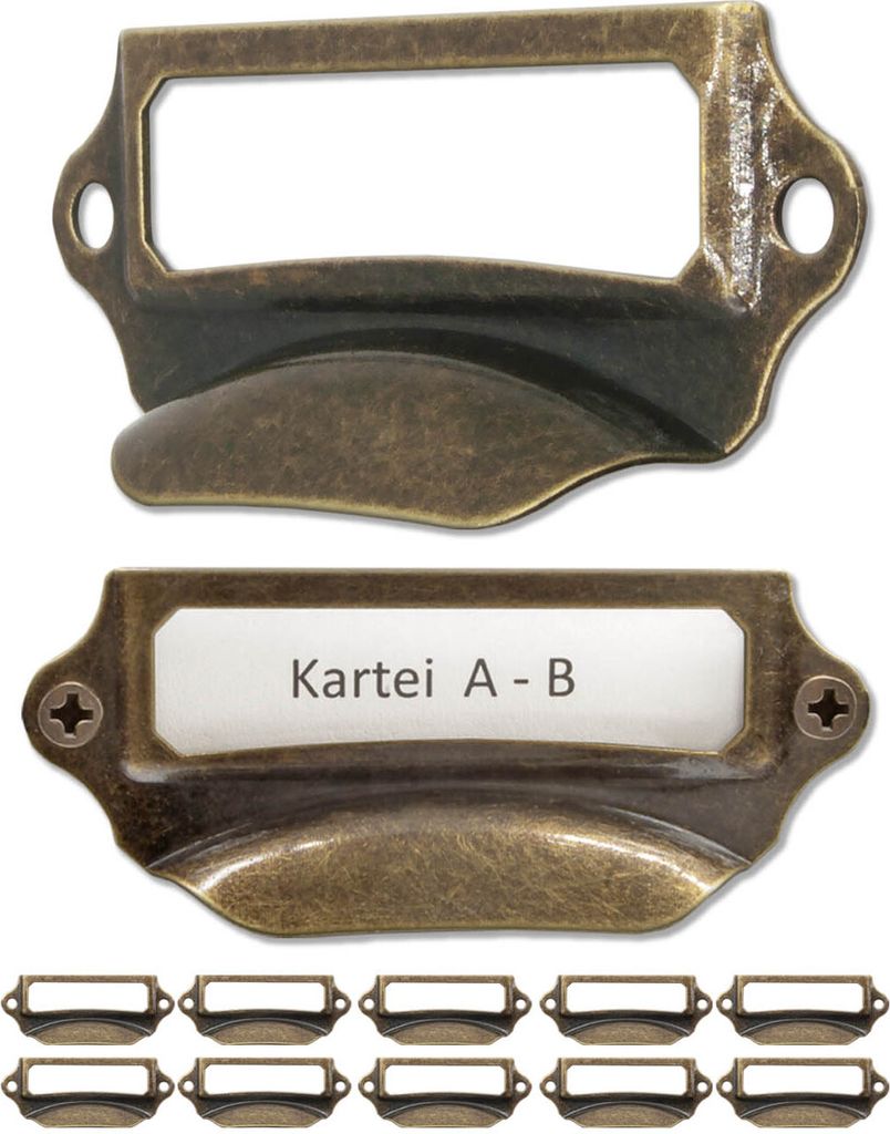 'FUXXER - 10x Etiketten-Fenster Griffe, Messing Antik Optik, für Schränke, Kartei-Kasten, 55 x 17 mm'