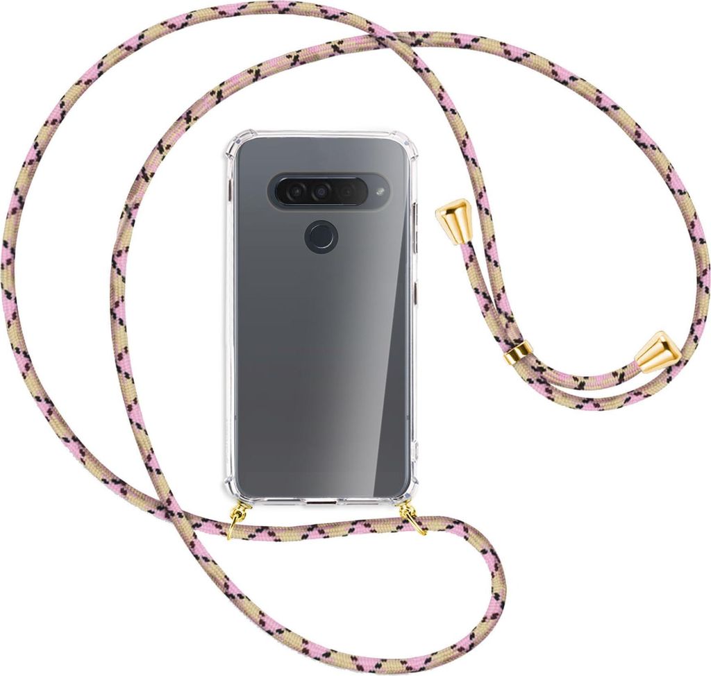 Handykette Backcover-Schutzhülle mit Band (Metall goldfarben) für LG G8S ThinQ - rosa Karo