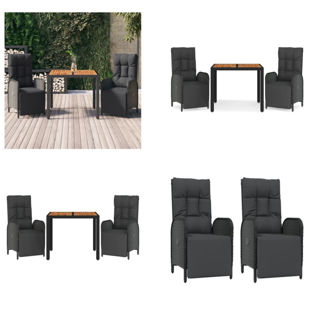 vidaXL 3 tlg. Garten Essgruppe mit Kissen Schwarz Poly Rattan - Garten Essgruppe - Garten Essgruppen - Essgruppe - Essgruppe Terrasse