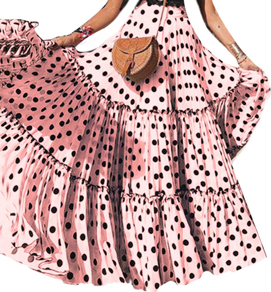 Sommer Frauen Plus Size Polka Dot Hohe Taille Rueschen A Line Swing Maxirock Pink XXXXXL