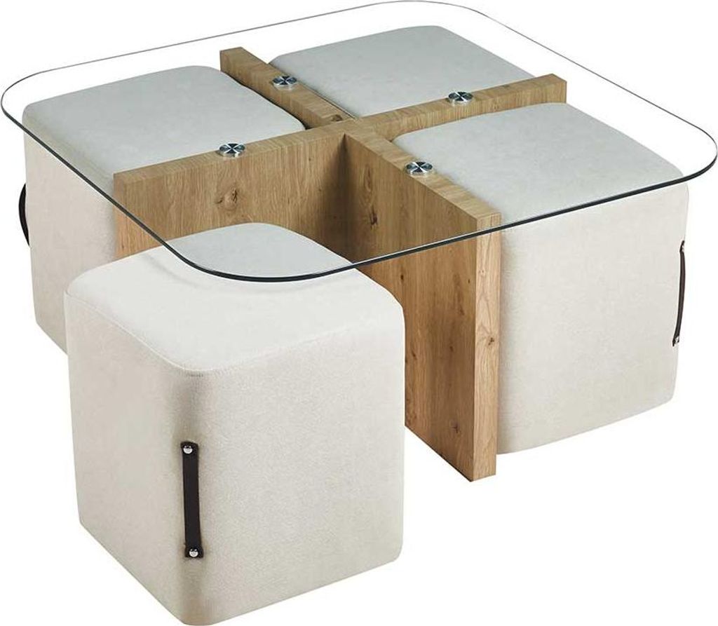 Couchtisch-Set mit vier Hockern Shana | 90 x 90 x 45 cm | Weiß - Glas