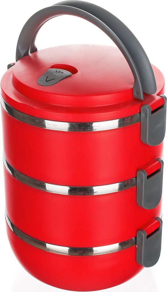 A red, three-tiered food container with a gray handle, shown against a white background.