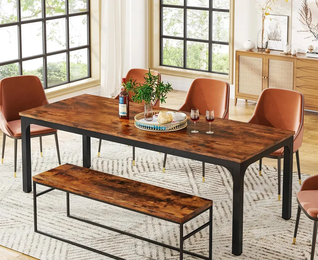 Table bois brun rustique 200 cm - Plateau stratifié robuste 8 places - 7