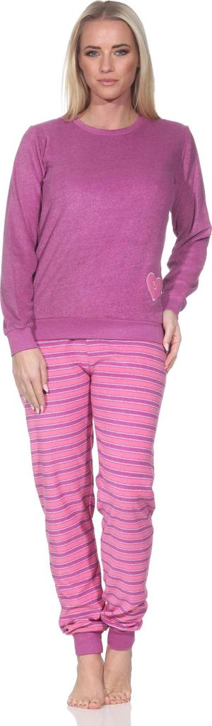 Normann Damen Frottee Schlafanzug mit Bündchen Pyjama mit Herzmotiv – auch in Übergröße ; pink , 36