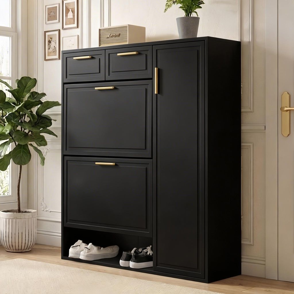 Moderner Schuhschrank - 95x24x107 cm Schwarz - verstellbare Regale & goldene Griffe - Klapptüren & Schubladen