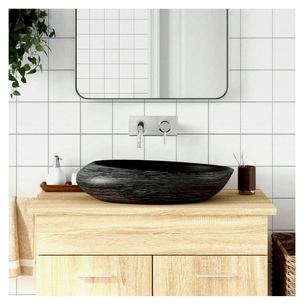 Aufsatzwaschbecken Oval Grau und Schwarz 59x40x14 cm Keramik